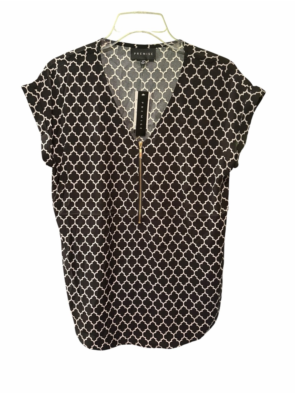 Premise Geometric Print Zip Front Blouse Black & White NWT